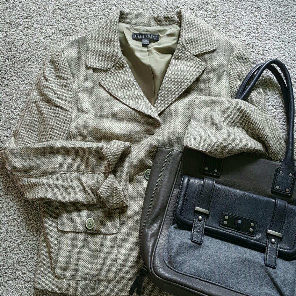 Lafayette 148 New York wool blend women blazer size 14 jacket cream green